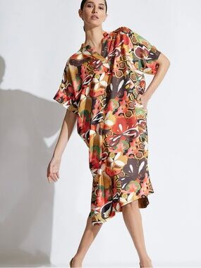 Natori Women’s Ikebana Printed Cotton Silk Blend Caftan Dress Sz M Maximalist
